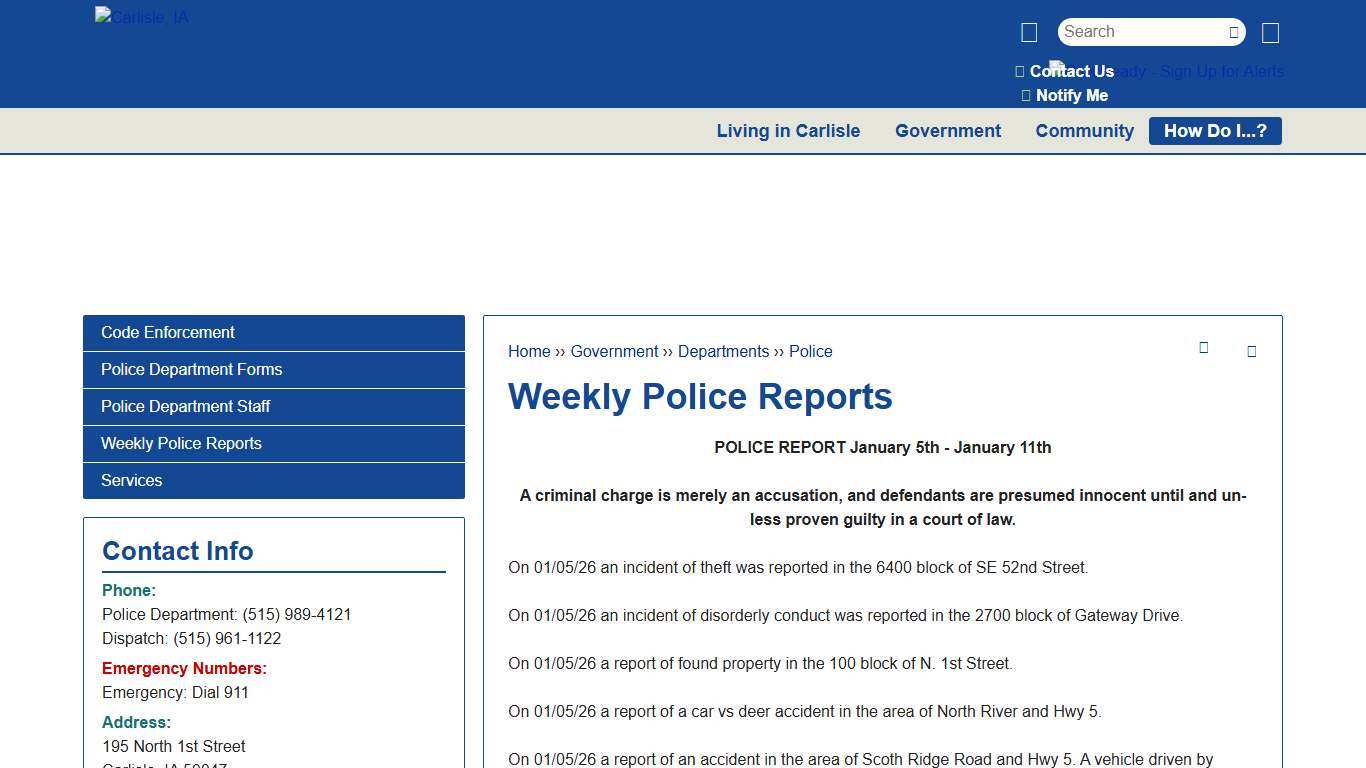 Weekly Police Reports Carlisle, IA